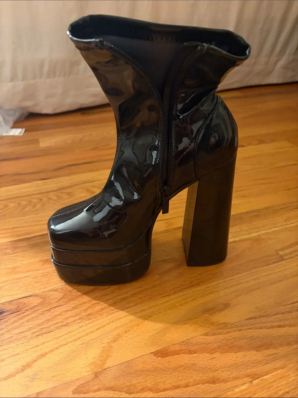 NIB ASOS Women's Black Patent Platform Block Heel Ankle Boots SIZE 7